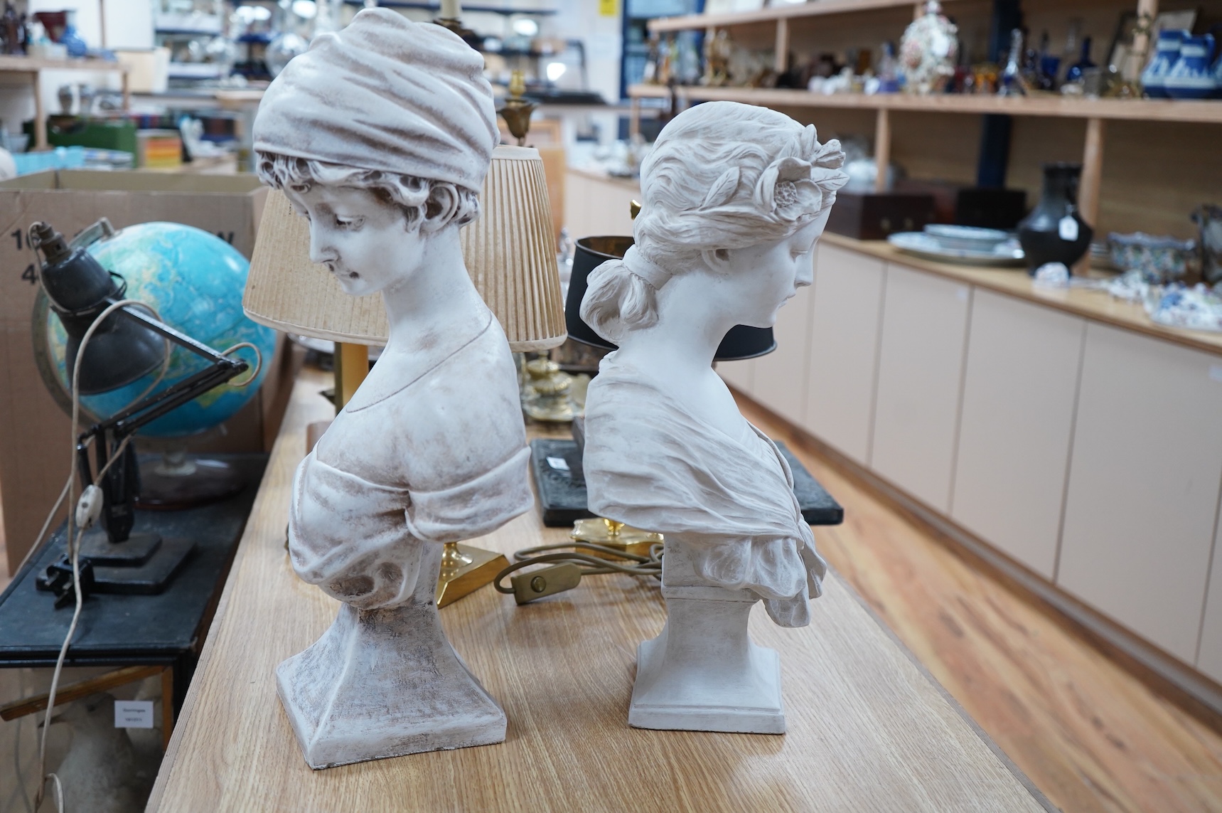 Two signed plaster busts, one after Gustave van Vaerenberg (1873 - 1927), the other after Rene Maquet (19th century), tallest 52cm